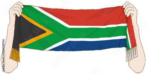 Hands holding a South Africa Sports scarf for fan support on Transparent Background.