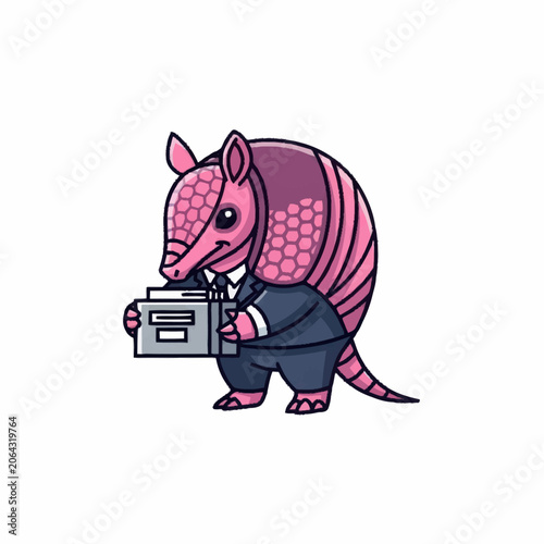 Cute Armadillo Character in Suit Holding Files.