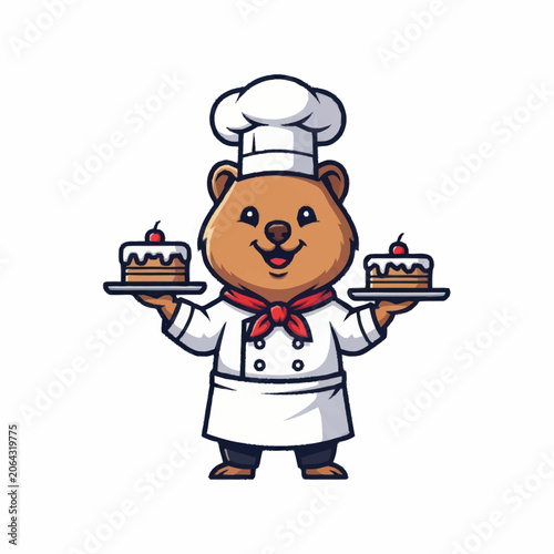 Cute cartoon bear chef holding two delicious cakes.