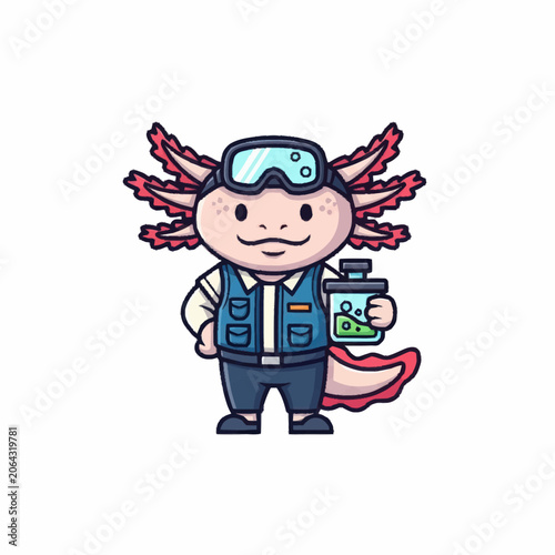 Cute Cartoon Axolotl Scientist Holding Test Tube.