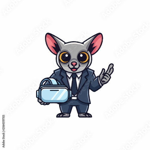 Cute cartoon lemur character in a suit holding VR headset.