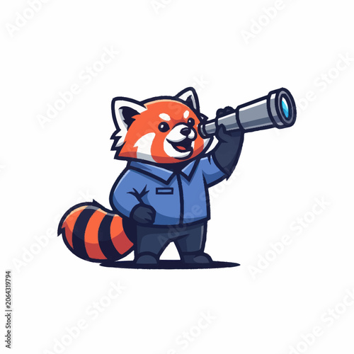 Cute cartoon red panda wearing a blue shirt and dark pants holding a telescope.
