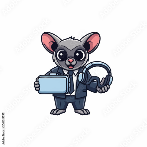 Cute cartoon mouse character wearing a suit holding headphones and a smartphone.