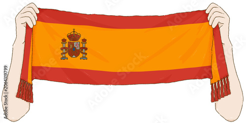 Hands holding a Spain Sports scarf for fan support on Transparent Background.