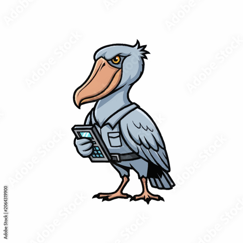 Shoebill Bird Character Holding a Smartphone.