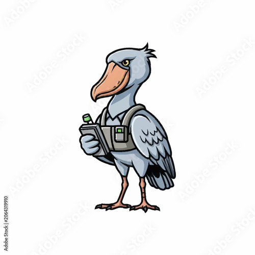 Shoebill Bird Character Holding a Clipboard and Pen.