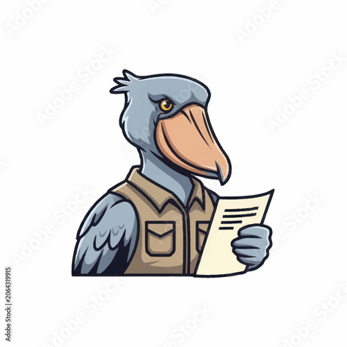 Shoebill bird character wearing a vest and reading a document.