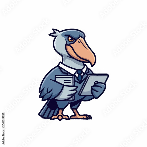 Shoebill Bird Character in Business Suit Holding Tablet and Folder.