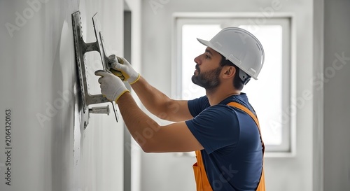 Professional worker plastering a wall with a trowel during renovation work.