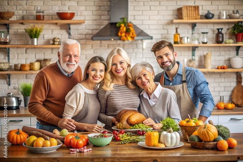 Happy Multi-Generational Family Preparing a Festive Meal Together in a Cozy Kitchen