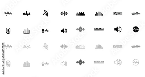 Collection of audio sound wave frequency and volume equalizer icons featuring signal patterns music broadcast media controls and digital tech elements.