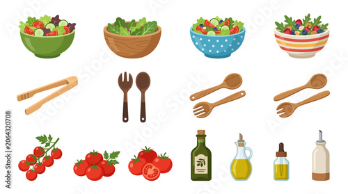 Fresh salad ingredients and utensils.