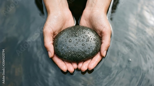 Close up of hands holding smooth river stones over water.