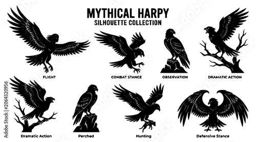 Valokuva Mythical harpy silhouette collection black monster eagle bird creature bundle se