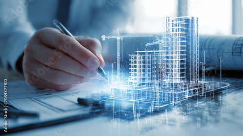 Hand creating digital architectural blueprint hologram city building