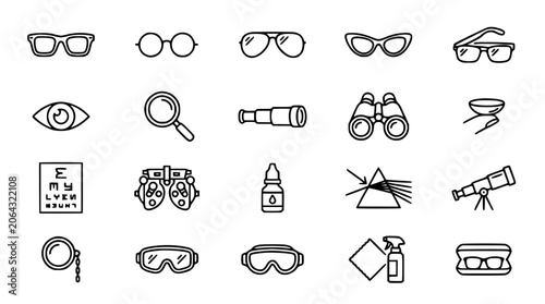Photos Optometry and eyewear line icons set for ophthalmology clinic vision testing med