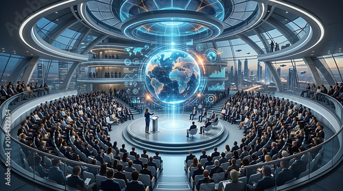 Futuristic global summit with leaders discussing technology and cooperation under a holographic Earth, envisioning a connected future