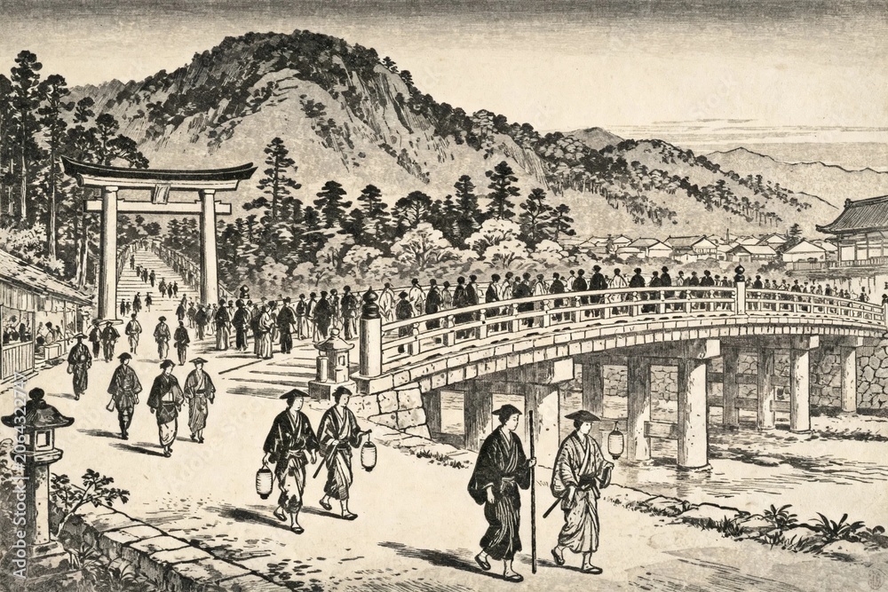 Obraz premium Traditional Japanese Scene with Torii Gate and Bridge