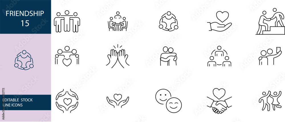 Fototapeta premium Friendship icon set. Editable line icons. Vector illustration.