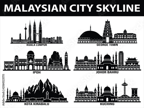 Obraz na plátně Malaysian city skyline landscape set of Kuala Lumpur, George Town, Johor Bahru,