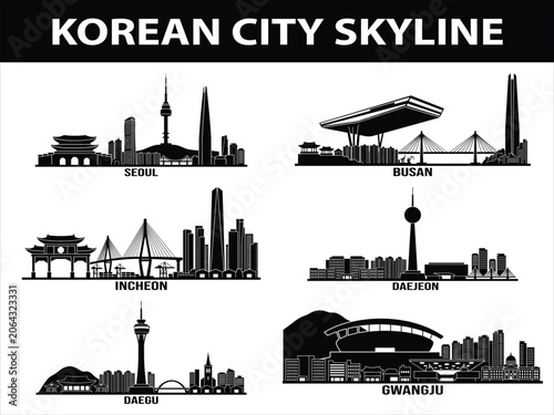 South Korean city skylines set of Seoul, Busan, Incheon, Daegu, Daejeon, and Gwangju
