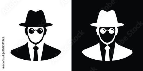 Schilderij op canvas Graphic vector silhouette of a vintage-style detective with round glasses and a hat, in dual black and white tones