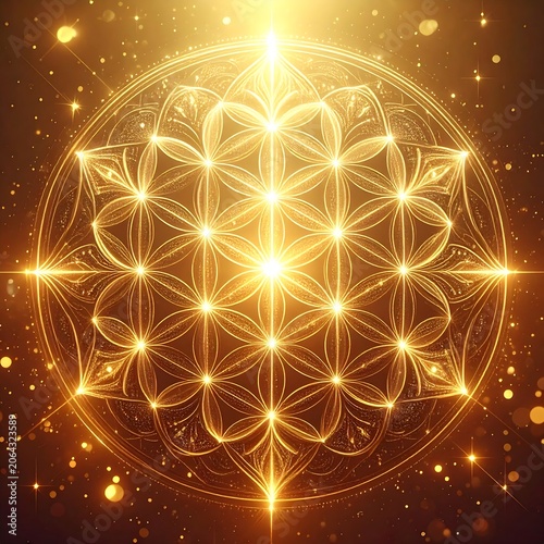 Golden sacred geometry flower of life with radiant light rays and sparkles on dark background