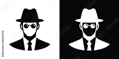 Foto Graphic vector silhouette of a vintage-style detective with round glasses and a hat, in dual black and white tones