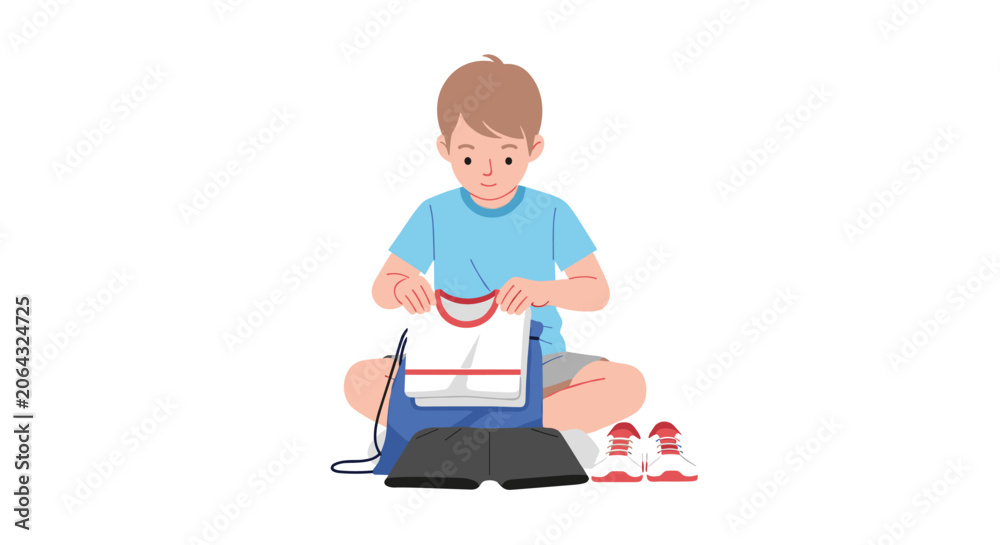 Fototapeta premium A young boy sits on the floor carefully packing his blue backpack with a folded shirt for his first day back to school preparation in a flat vector style