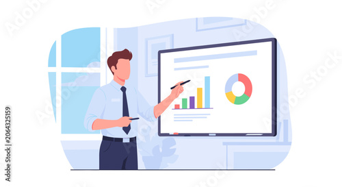 Professional man pointing at data charts during a back to school business workshop presentation for educational growth and skill development in modern office