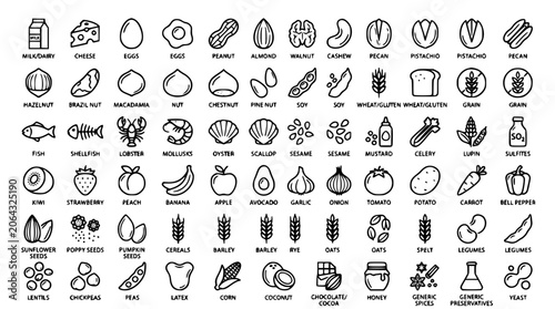 Foto Food allergen and ingredient line icons set for product packaging labeling resta
