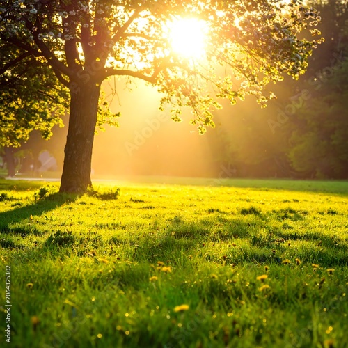 Golden sunrise sunbeams shining through tree leaves over lush green grass field landscape
