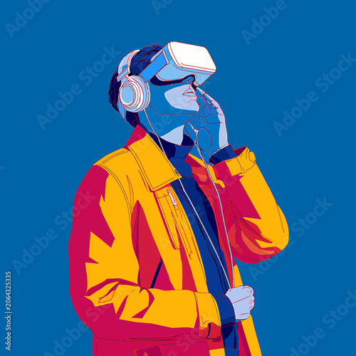 Photos Person wearing virtual reality headset experiences an immersive digital environment with colorful stylized lighting