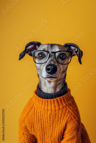 Dog wearing glasses and an orange sweater poses against a yellow background