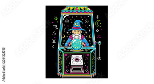 Fotografie Vintage wizard fortune teller machine with neon zodiac symbols