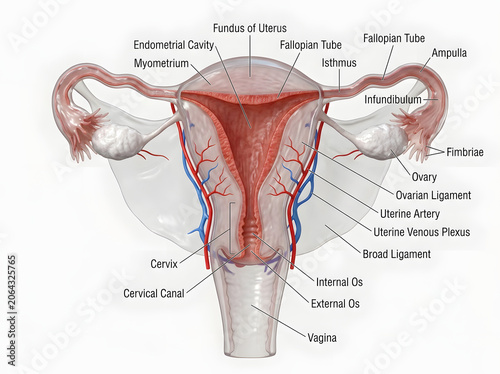 Female reproductive system anatomy with labeled uterus ovaries and fallopian tubes