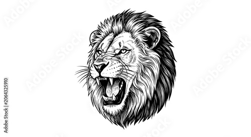 Canvastavla Fierce roaring lion head black and white ink sketch portrait
