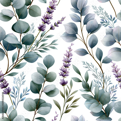 Eucalyptus and lavender watercolor pattern with flowing branches and soft foliage showcasing refined botanical elegance and seamless surface design