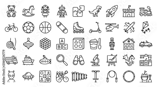 Kids toys and childhood games line icons set for preschool education nursery kindergarten play room products retail branding elements