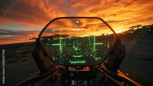 Epic Sci-fi Cockpit View Holographic HUD & Dramatic Desert Sunset. Ideal for gaming, film & tech interfaces.