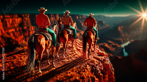 Epic Wild West Sunset Cowboys on Horseback overlooking Grand Canyon. Iconic American Adventure & Heritage for film, travel, ads