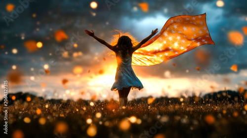 Joyful Girl Freedom Sunset Field Background Flying Starry Cape. Inspiring patriotic concept for holiday ads, campaigns & websites.