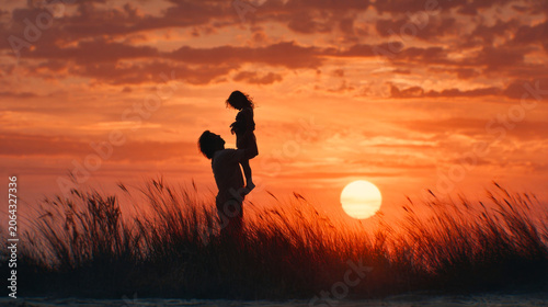 Joyful Family Sunset Silhouette Father & Child Embracing Freedom in Golden Sky. Epic Love Moment for Parenting, Travel & Inspirational Media.