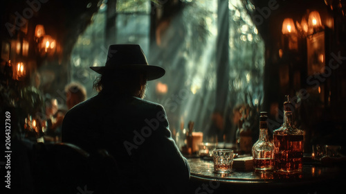 Mysterious Man in Hat Bar Background Cinematic Noir Detective with Whiskey. Dramatic scene for movie posters, book covers & ads