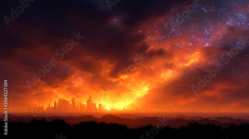Sci-Fi Cosmic City Skyline Background Fiery Nebula & Starry Galaxy. Space apocalypse concept ideal for gaming, book covers & posters