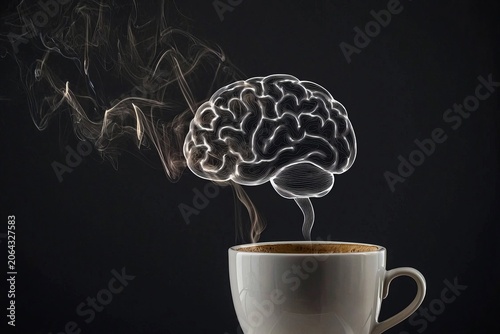 An artistic representation of a coffee cup with a stylized brain emerging through wisps of steam, creatively illustrating the connection between coffee and mental stimulation.