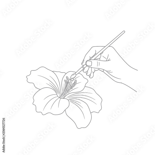 Bild auf Leinwand Hand using brush to pollinate a hibiscus flower.