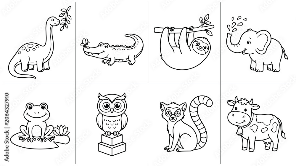 Fototapeta premium Cute wild and farm animals cartoon outline set collection.