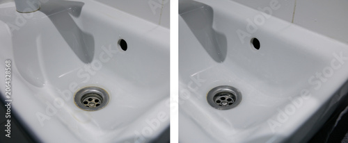 Canvastavla White sink basin showing stained drain in bathroom, before and after cleaning