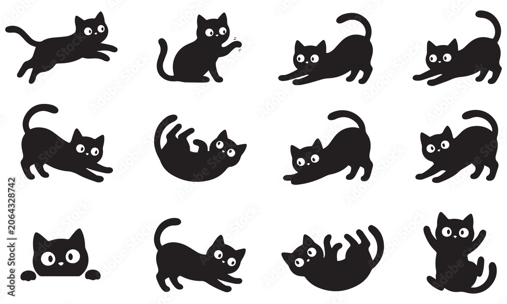 Obraz premium Black Cat Silhouette Vector Set with Playful and Halloween Cat Poses